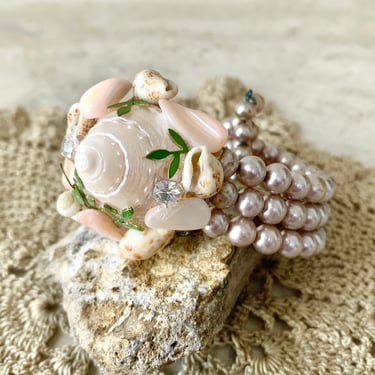 Mermaid Beauty Statement Bracelet, Seashells, Faux Pearls, Vintage 50s 60s 