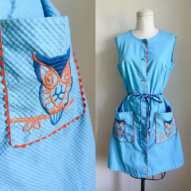 Vintage 1960s Blue Owl Embroidered Dress / M 