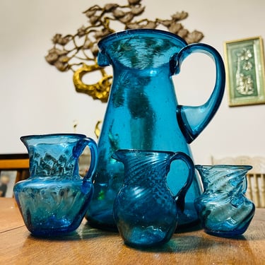 Vintage Blue Pitchers Blown Glass Set 