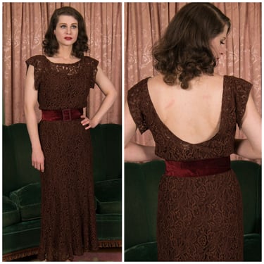 1930s Dress - Elegant 30s Delicate Brown Lace 30s Dress with Low Back and Matching Low Backed Slip 