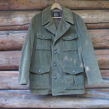 Vintage Corduroy Jacket 1970s Green Heavy Cord Coat Large Men's 44R Patch Pockets Double Collar Sears Sportsman 