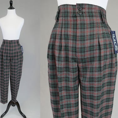 80s 90s Pleated Plaid Pants - 24 waist - Deadstock NWT - Gray Black Red - High Waisted Trousers - Honors - Vintage 1980s 1990s - 28