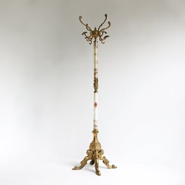 Charming Italian Ornate Casted Brass & Round Onyx Marble Coat Hat Rack Hall Tree Floor Stand Hollywood Regency Vintage Eye-catcher Classic 