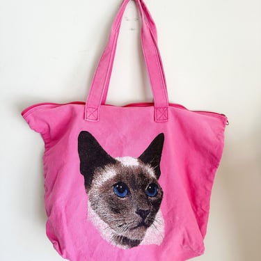 Vintage Cat Novelty Print Pink Canvas Tote Bag 