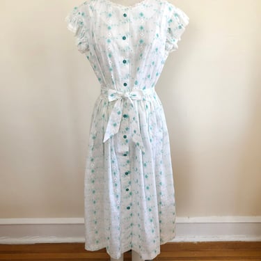 White and Aqua Floral Embroidered Prairie Dress - 1970s 