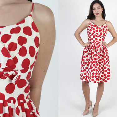 1950s White Polka Dot Dress / Red Spotted Full Skirt Frock / Vintage 50s Pin Up Bombshell Mini 