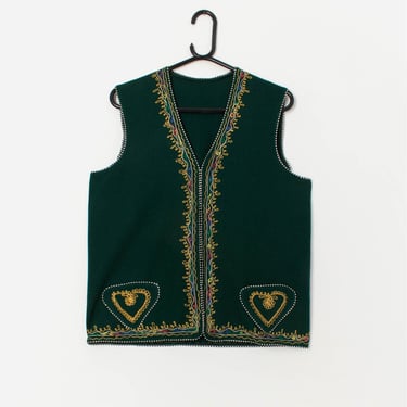 Vintage green embroidered waistcoat, retro wool womens vest - Medium to large 