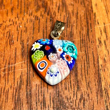 Murano Millefiori Pendant Glass Heart With 925 Sterling Silver Bail Italy Retro 