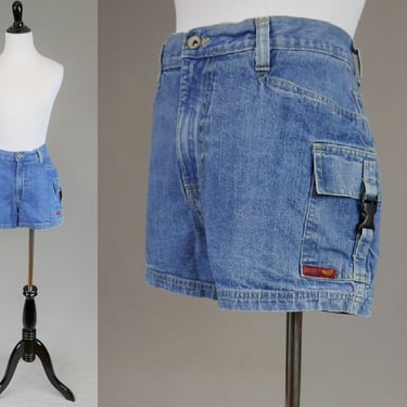 90s Jean Cargo Shorts - 32 waist - Unusual Pocket Buckles - Cotton Denim - No Excuses - Vintage 1990s 