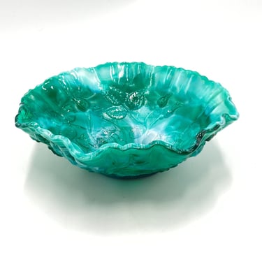 Vintage Imperial Glass Jade Green Slag Glass Rose Bowl, Pressed Glass, Open Rose Footed Bowl with Ruffled Edge 