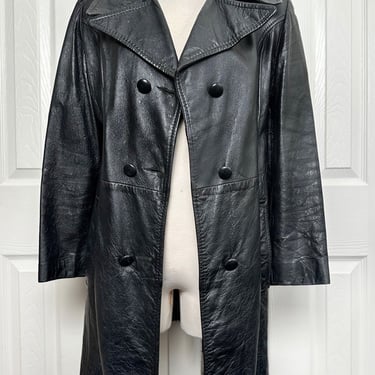 1960's Black Leather Overcoat Vintage Classic Double Breasted Hippie Coat Wide Lapels Ossie Clark style Boho Disco 1970s Long Leather Jacket 