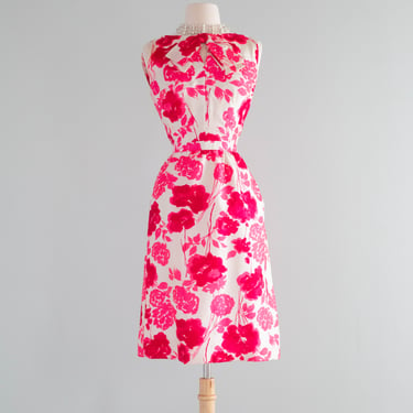 Fabulous 1960's Pink &amp; Red Silk Rose Print Dress By Jerry Silverman / Medium