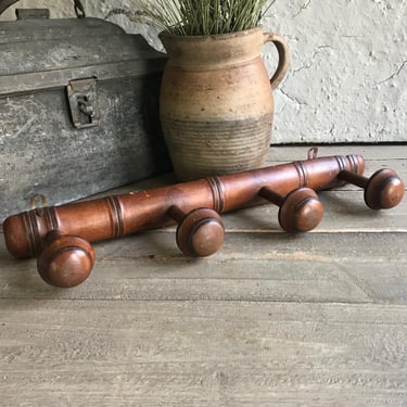 French Faux Bamboo Coat Hook, Wood, 4 Hooks, Mushroom Coat Hat Rack, Rustic French Farmhouse 