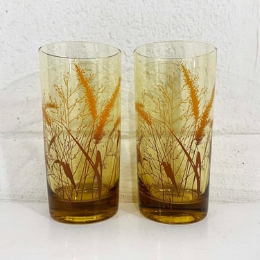 Vintage Wheat Glasses Orange Yellow Glass Bar Cocktail Set of 2 Glassware Barware 1970s 