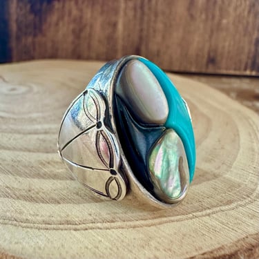 ABALONE COVE Vintage Turquoise Onyx Silver Inlay Mens Ring | Sterling Silver | Large Statement | Southwestern Jewelry | Size 8 1/2 