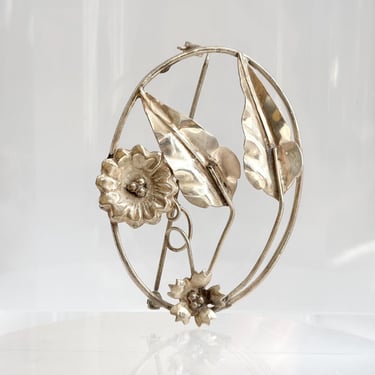 Art Nouveau Floral Polished Sterling Silver Foliage 925 Accented Classic Brooch 