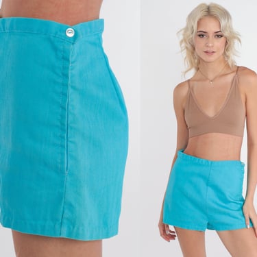 70s Shorts Blue High Waisted Shorts Retro Trouser Shorts Plain Shorts Pinup Summer Hotpants Turquoise Cotton Hippie Vintage 1970s Small S 28 