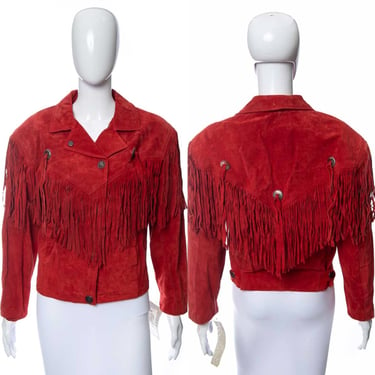 1980's M. Julian Red Suede and Native American Button & Fringe Detail Jacket Size M