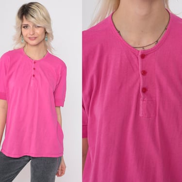 90s Hot Pink Shirt Vintage Henley T Shirt Basic Quarter Button Up Single Stitch Normcore Tshirt Short Sleeve 1990s Medium 