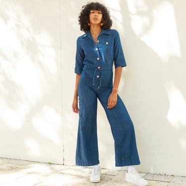 70s Dark Blue Denim High Rise Jumpsuit Vintage Jean Mid Sleeve Flared Jumpsuit 