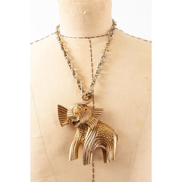 Vintage Erwin Pearl Brutalist Elephant pendant / 1970s Huge statement trunk up medallion necklace 