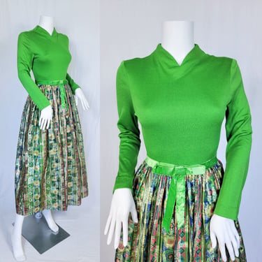 1970's Apple Green Poly Knit Gold Lurex Metallic Skirt Maxi Dress I Sz Sm 