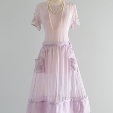 Delicate 1920's Pale Lavender Dotted Cotton Day Dress / Sz SM