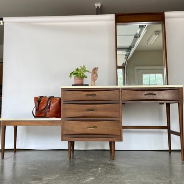 Mid Century Desk / Vanity  with mirror and side table shelf 