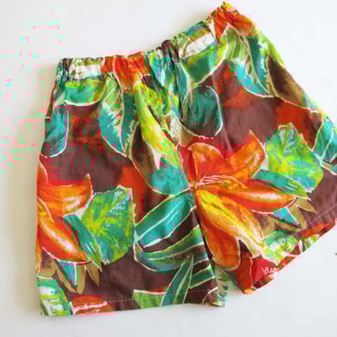 Vintage 90s Tropical Floral Shorts S M - Elastic Waist Casual Lounge Shorts 