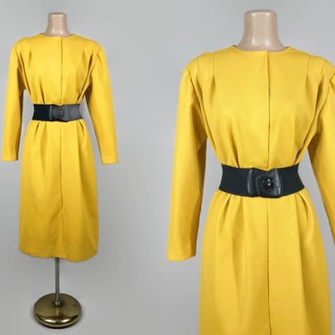 VINTAGE 60s 70s Textured Mustard Yellow Long Sleeve Shift Dress | 1960s MCM Modest Dress With Shirring | Minimalistic Plus Size Volup | vfg 