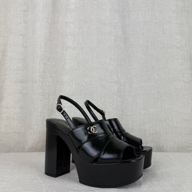 Chanel Black Patent Platform Sandals Size 6.5