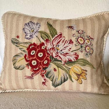 17” Needlepoint Pillow & Cording ~ French Country Sofa Decor~Rectangle Pillows, 100% Wool Petite Needlework~ Lovely Vintage Floral Bouquet 