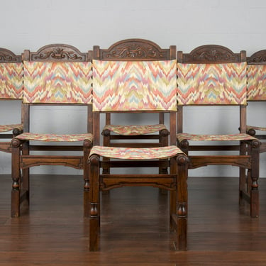 Antique Spanish Colonial Style Oak Dining Chairs W/ Multicolor Fabric - Set of 6 