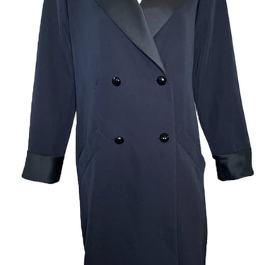 YSL Navy Blue Double Breasted Tuxedo Coat Dress with Matching Sash Belt
