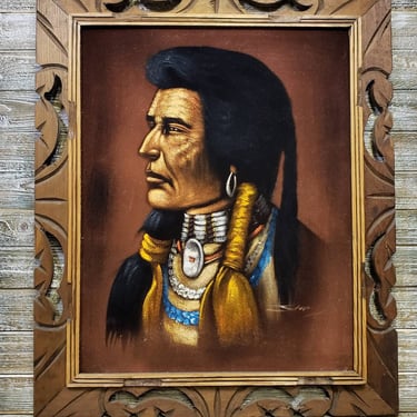 Vintage Black Velvet Painting, Signed Indian Chief Framed Art, Native American Oil Painting, Retro Kitsch Home, Vintage Wall Hanging Decor 