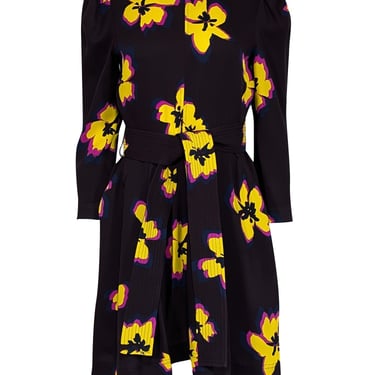 A.L.C. - Dark Burgundy w/ Yellow & Magenta Floral Print Silk Belted Dress Sz 8