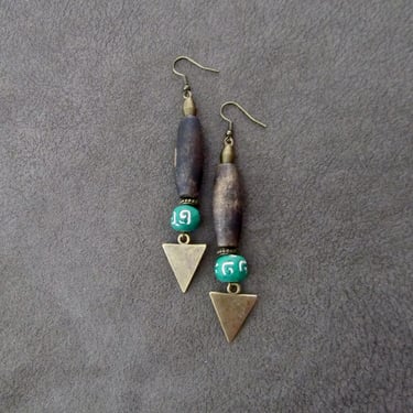 Long wooden earrings, Afrocentric African earrings, bold statement earrings, geometric earrings, rustic natural earrings, green clay earring 
