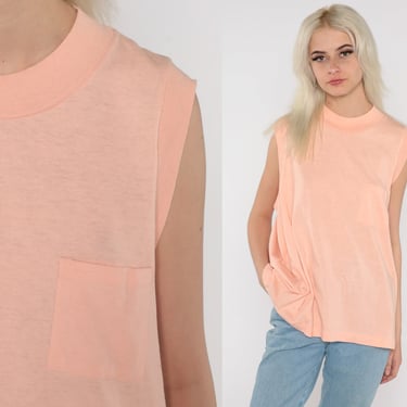 Peach Tank Top 80s Muscle Tee Shirt Retro Basic Summer Pastel Top Normcore Plain Sporty Sleeveless T-Shirt Vintage 1980s Extra Large xl 