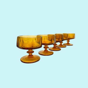 Vintage Champagne Glass Set Retro 1970s Mid Century Modern + Amber Glassware + Set of 5 + Stemmed + Sorbet or Dessert Glasses + Barware 