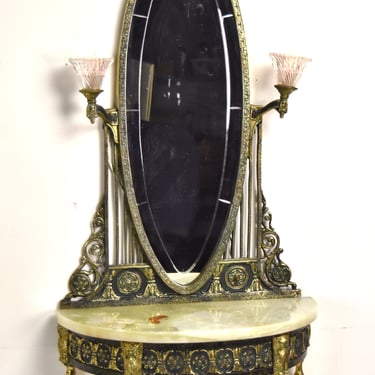 1920’s Console Table Mirror after Oscar Bach Gilt Bronze Owls Onyx Marble top 