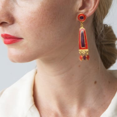 Vintage designer enamel dangle red earrings 