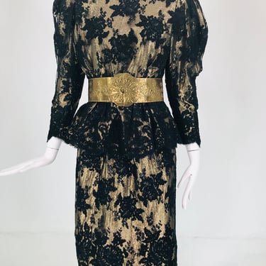 Pauline Trigere Black Guipure Lace over Gold Lame 1980s 2pc Skirt Set