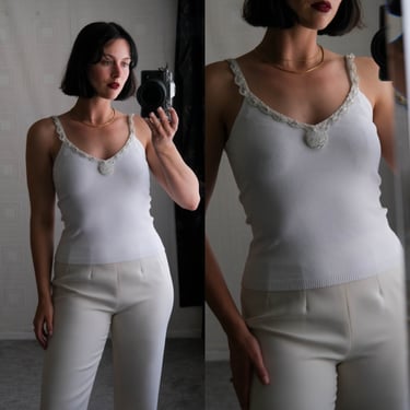 Vintage ALBERTO MAKALI White Stretch Knit Cropped Tank Top w/ Chain Mesh Lace Trip & Raw Crystalized Center Brooch | Y2K 2000s Designer Top 