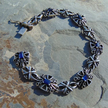 Vintage Kabana Sterling Silver Link Bracelet with Blue Centers 