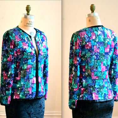 Vintage Sequin Jacket Size Small Medium Metallic Blue Purple Pink Jacket Size Medium Silk 90s Pop art 