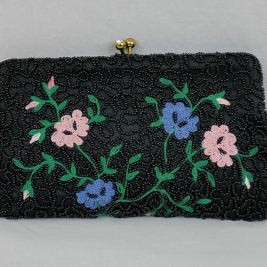60s Beaded & Embroidered Clutch Bag - Black Purse w/ Pink Blue Flowers, Rhinestones - Made in Belgium for Hudson's Detroit - Vintage 1960s 