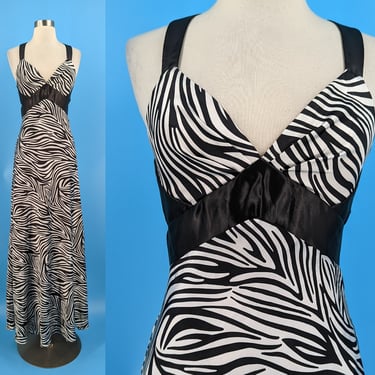 Vintage Y2K Jessica McClintock Size 6 Zebra Print Cross Low Back Floor Length Prom Gown Dress - 2000 Millenium Style Formal Black White 