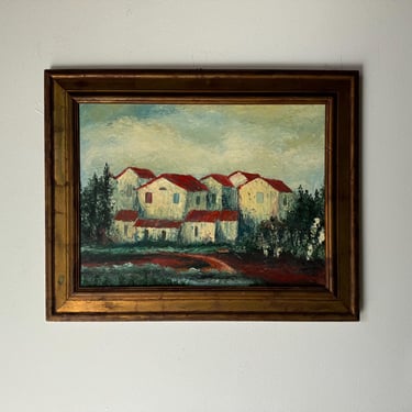 70's Vintage Mediterranean - Village Impressionist Oil Painting, Framed 