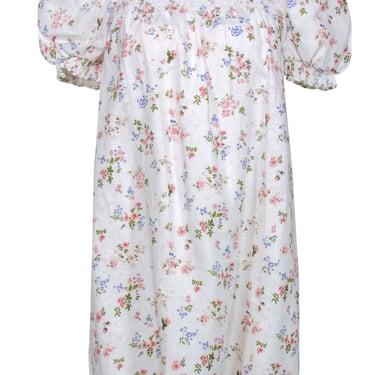 Reformation - White Floral Print Linen "Carsen" Puff Sleeve Shift Dress Sz L