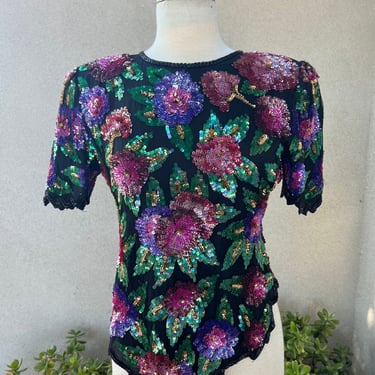 Vintage glam sequin floral top Sz PM by Laurence Kazar NY 